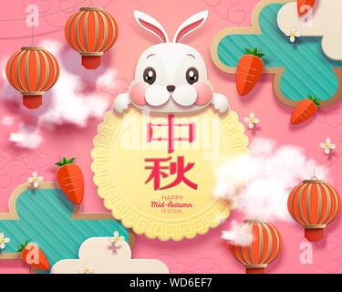 Glücklich mid Autumn Festival schönes paper Art Hase und Karotte Elemente auf rosa Hintergrund, Ferienwohnung Namen in chinesischen Wörtern geschrieben Stock Vektor