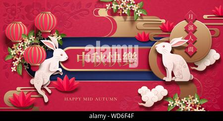 Glücklich mid Autumn Festival Paper art Design mit weißen Kaninchen und Laternen Elemente auf roten Hintergrund, Urlaub Name im chinesischen Wörtern geschrieben Stock Vektor