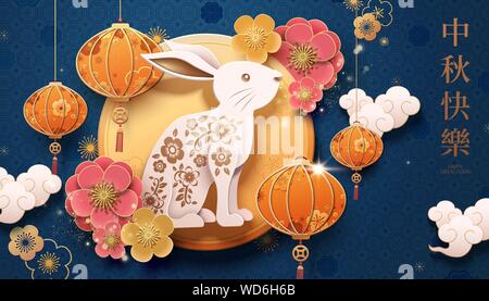 Mid Autumn Festival Paper art Design mit Kaninchen, Laternen und der Vollmond Dekorationen auf blauem Hintergrund, happy holiday in der chinesischen Wörter geschrieben Stock Vektor