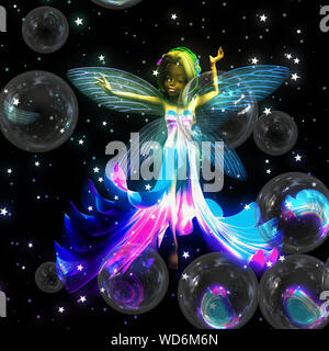 3d-magische Fee Mädchen mit Seifenblasen und Sterne. Stockfoto