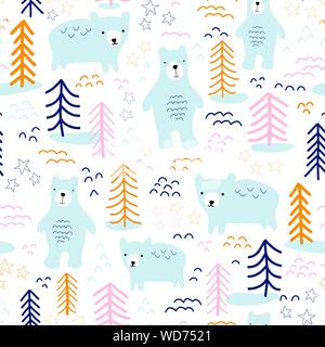 Nahtlose Muster Bären im Wald Hand gezeichnet Vector Illustration. Im skandinavischen Stil wiederholen Tier Natur Hintergrund in blau, gelb, orange, pink Stock Vektor