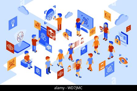 Isometrische Technik zur Gesichtserkennung und Sicherheit Ikonen, digitalen Vektor Infografik Abbildung Stock Vektor