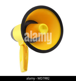 Gelbe Megaphon auf weißem Hintergrund Nahaufnahme, hand Lautsprecher Design, laut - hailer oder sprechen Trompete Yellow Press symbol Boulevardmedien Zeichen Stockfoto