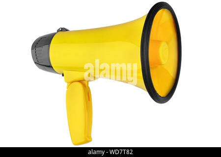 Gelbe Megaphon auf weißem Hintergrund, Lautsprecher Design, laut - hailer oder sprechen Trompete, gelb Drücken Sie die Symboltaste Stockfoto
