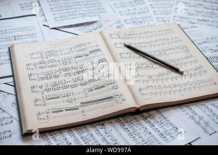 Musikbuch, Notenbuch und Bleistift Stockfoto