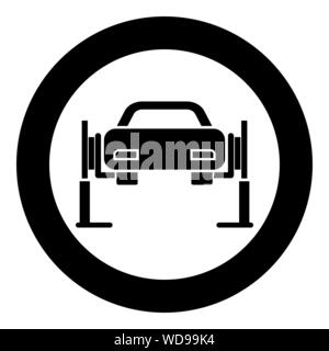 Auto Lift Auto Reparatur Service Concept Car auf fix lift Auto auf Auto Lift Symbol im Kreis runden schwarzen Farbe Vektor-illustration Flat Style einfach aufgehoben Stock Vektor