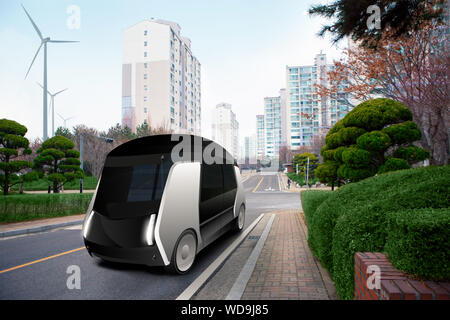 Futuristische autonomen Taxi auf der Straße der Stadt. Stockfoto