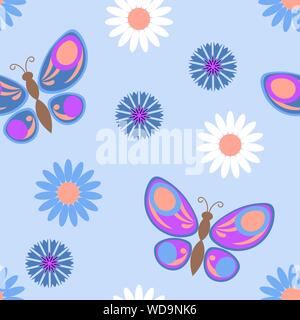 Nahtlose Muster mit Schmetterlingen unter Gänseblümchen und Kornblumen. Bunte künstlerischen Hintergrund. Vector Illustration, eps 10. Stock Vektor