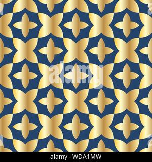 Nahtlose Muster mit bestellt Anordnung der abstrakten geometrischen Formen. Die Abbildung ist in Gold Farben auf blauem Hintergrund. Vector EPS 10. Stock Vektor