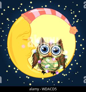 Cute cartoon braune Eule in Girlanden von Glühbirnen zu verheddern, imitiert die Sterne und das Leuchten der Halbmond sitzt auf der schlummernde gegen die ni Stock Vektor