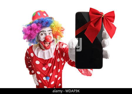 Happy clown, ein Smartphone mit einer roten Krawatte auf weißem Hintergrund Stockfoto