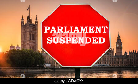 Das Parlament suspendiert digital Composite mit Häusern des Parlaments, London im Hintergrund. Die Regierung dem Parlament im September 2019 zu vertagen Stockfoto