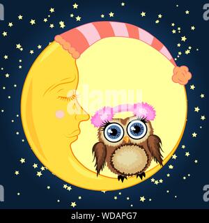 Ein süßes Cartoon braune Eule in sanften Kopfhörer sitzt auf einem schläfrig Halbmond vor dem Hintergrund einer Nachthimmel mit Sternen Stock Vektor