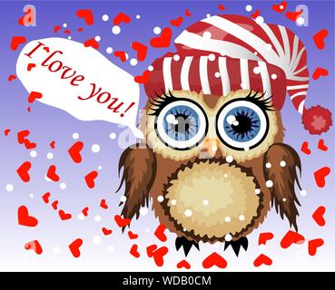 Schönes cartoon braune Eule umgeben von Herzen sagt, ich liebe dich. Liebe in der Luft, Valentinstag, Postkarte Stock Vektor