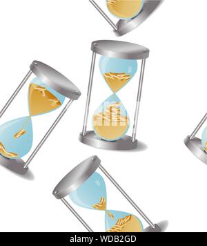Eine nahtlose Muster mit einer Sanduhr, in denen Münzen gegossen sind, Geld zusammen mit dem Sand, mit dem Konzept von Zeit und Geld Stock Vektor