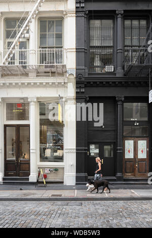 New York Street, Blick auf eine Frau, die ihre Hunde auf einer Straße im Gusseisenviertel Soho in Manhattan, New York City, USA, spazieren geht. Stockfoto