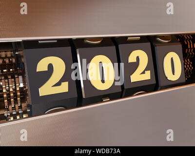 Frohes Neues Jahr 2020. Zahlen 2020 im Stil eines Einarmigen Banditen. 3D-Darstellung. Stockfoto
