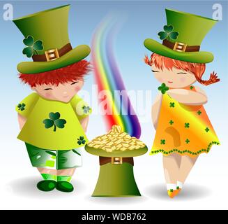 Ein rothaariger Junge und ein rothaariges Mädchen in grüner Kleidung und grüne Forts zu St. Patrick's Day mit Ahorn Blätter und einen Hut mit Goldmünzen gefüllt, dass p Stock Vektor