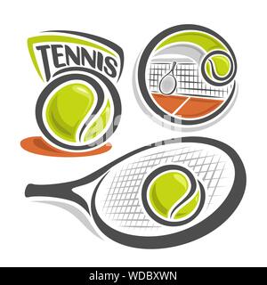 Vector Abbildung: Logo für Club der Lawn Tennis, bestehend aus grünen Ball, Net auf braun Gericht mit isolierten Tennis Schläger und Ball, Schläger closeu Stock Vektor