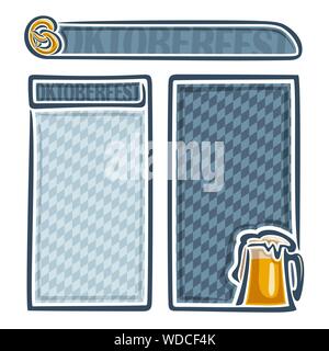 Vektor Banner für das Oktoberfest Menü, 2 senkrechte Banner und Header: Pint Bier Becher und Brezel isoliert. Bayerische Muster Oktoberfest mit blauer Rhombus Stock Vektor