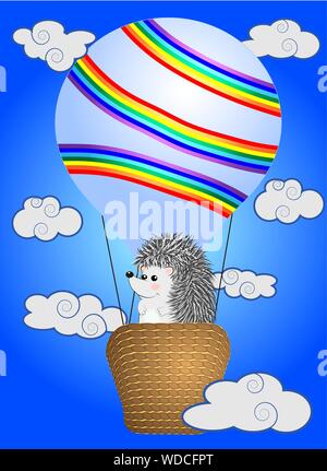 Eine süße kleine Igel fliegen in Cartoons, eine große sperrige Ballon mit einem Korb im Himmel inmitten von weißen Wolken und einen Regenbogen. Fliegen, Glück, befreit Stock Vektor