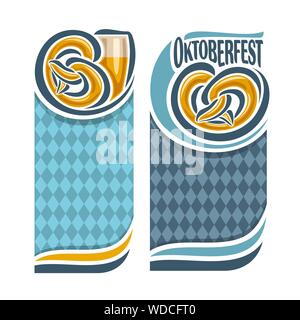 Vektor Logo für das Oktoberfest, 2 isolierte vertikale Banner: Pint Bier Becher und Brezel. Bayerische Muster. Oktoberfest Flagge mit blauer Rhombus. Stock Vektor