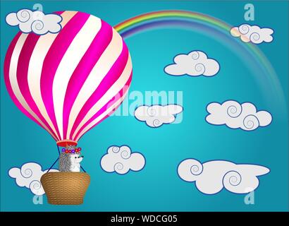 Eine süße kleine Igel fliegen in Cartoons, eine große sperrige Ballon mit einem Korb im Himmel inmitten von weißen Wolken und einen Regenbogen. Fliegen, Glück, befreit Stock Vektor