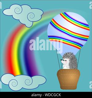 Eine süße kleine Igel fliegen in Cartoons, eine große sperrige Ballon mit einem Korb im Himmel inmitten von weißen Wolken und einen Regenbogen. Fliegen, Glück, befreit Stock Vektor