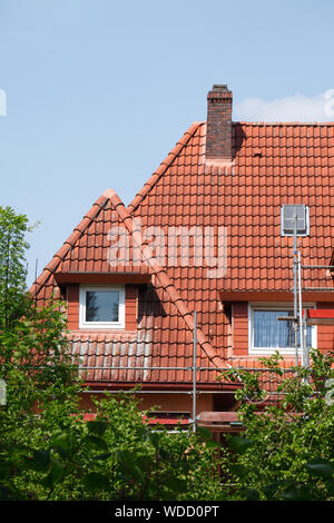 Modernes Wohnhaus aus Backstein, Baustelle, Gerüst, Kastanien blühen Stockfoto