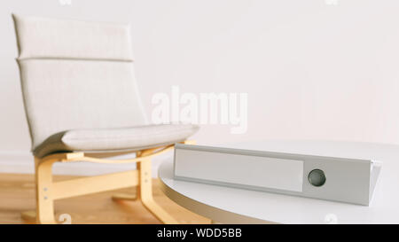 Ordner auf einem modernen Tisch mit Stuhl im Hintergrund in einem hellen Raum - 3D-Rendering Stockfoto