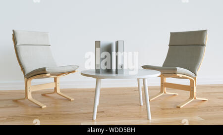 Ordner auf einem modernen Tisch mit zwei Stühlen im Hintergrund in einem hellen Raum - 3D-Rendering Stockfoto