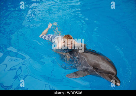 Glückliche Menschen schwimmen mit Delfin im Delphinarium Stockfoto