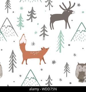 Nahtlose Weihnachten Muster mit Wald, Bäume, Berge, Fuchs, Eule und Hirsche. Frohes Neues Jahr Hintergrund. Xmas Vektor Design für den Winterurlaub. Stock Vektor