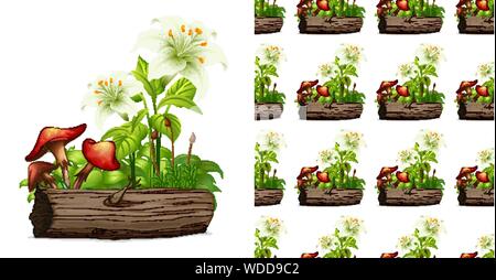 Nahtlose Hintergrund Design mit Pilzen und weiße Lilie Blüten Illustration Stock Vektor