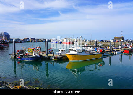 HOWTH, Irland - 27 May 2019 - Bunte Segel- und Fischerboote in Howth, einem Fischerdorf und Vorort von Dublin, Hauptstadt von Irland. Stockfoto