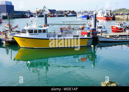 HOWTH, Irland - 27 May 2019 - Bunte Segel- und Fischerboote in Howth, einem Fischerdorf und Vorort von Dublin, Hauptstadt von Irland. Stockfoto