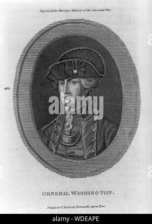 General Washington Abstract: Drucken zeigt George Washington, mit Kopf und Schultern im Porträt, Blick leicht nach links, trägt Uniform und Mütze in Oval. Stockfoto