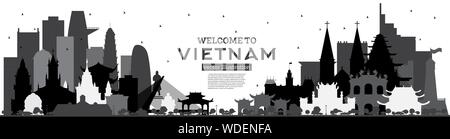 Nach Vietnam Skyline Silhouette Willkommen mit schwarzen Gebäude isoliert auf Weiss. Vector Illustration. Tourismus Konzept mit historischer Architektur. Stock Vektor