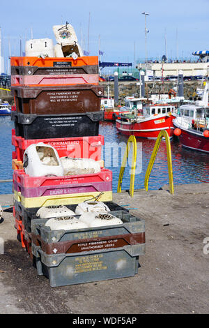 HOWTH, Irland - 27 May 2019 - Bunte Segel- und Fischerboote in Howth, einem Fischerdorf und Vorort von Dublin, Hauptstadt von Irland. Stockfoto