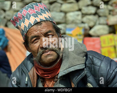 Mustachioed Nepali Chhetri Händler trägt den traditionellen nepalesischen Hut (Dhaka topi) und posiert für die Kamera. Stockfoto