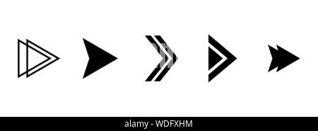 Pfeile nach rechts. Vektor einrichten von isolierten stilisierten schwarzen Pfeil Symbole. Richtungstafeln Stock Vektor
