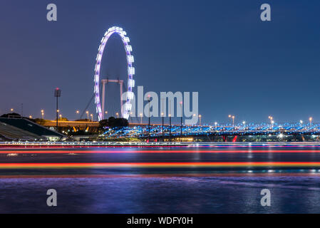 Nacht Blick Auf die Marina Bay mit dem Riesenrad in Singapur. Stockfoto