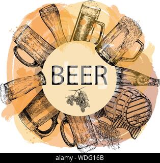 Poster/Karte Zusammensetzung von Hand gezeichnete Skizze stil Bier Objekte auf weißem Hintergrund. Vector Illustration. Stock Vektor