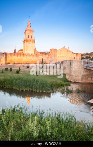 Die Alte Brücke und die Kathedrale von La Asuncion in El Burgo de Osma Dorf, Soria, Spanien Stockfoto