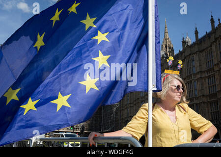 Einen Tag nach dem Britischen Premierminister Boris Johnson erfolgreich die Königin bat auszusetzen (vertagen) das Parlament um seine Brexit Deal zu manövrieren, mit der EU in Brüssel, ein Demonstrant steht mit Fahnen und Banner während der Mittagszeit TV-Interviews, die von Sendeanstalten auf College Green gefilmt sind, am 29. August 2019, in Westminster, London, England. Stockfoto