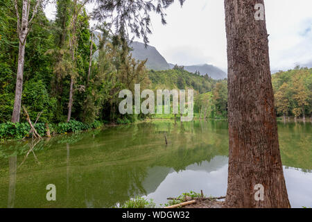 Landschaft mit idyllischen See, Gebirge, grüne Bäume in das Innere der Insel Reunion im Indischen Ozean Stockfoto