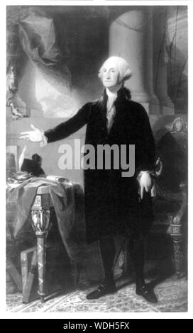 George Washington, full-length Portrait, stehend, nach links, auf der rechten Seite angehoben Tabelle oben Abstract / Medium: 1 fotomechanischen Drucken. Stockfoto