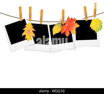Bilderrahmen auf Seil mit Wäscheklammern und Blätter im Herbst vector Hintergrund Stock Vektor