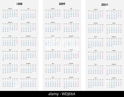 Kalender für 2018, 2019, 2020 Jahren auf weißem Hintergrund Vektor Stock Vektor