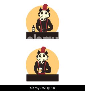 Wolf hält ein Bier und ein Glas mit Whiskey, zwei Aufkleber, cartoon Charakter in einer Bar oder einem pub Vector Illustration auf weißem Hintergrund Stock Vektor